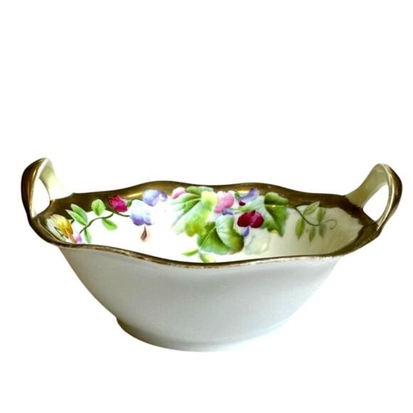 PT Bavarian Porcelain Vintage Hand Painted 7" Serving Bowl Sweet Peas Gold Trim - Picture 2 of 6